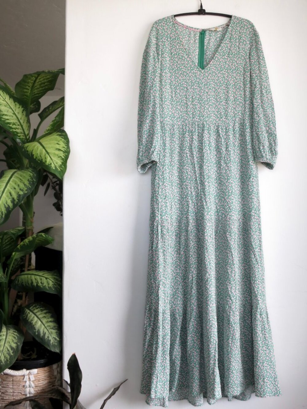 Boden Blouson Sleeve Maxi Dress Green Pink US 6 EUC